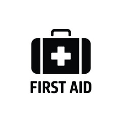 Black and white icon of a first aid kit with a cross and text