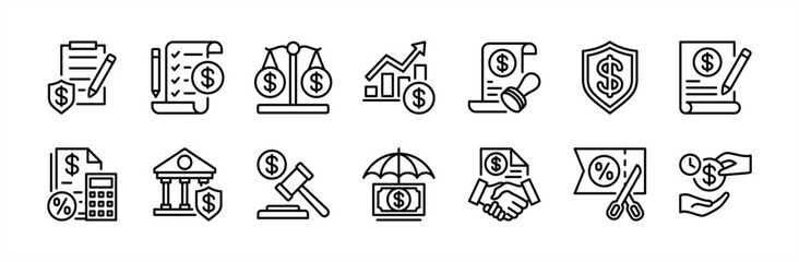 Financial policy icon set. Contains tax deduction, accounting, taxes discount cut, contract agreement protection, bank, law, checklist, growth chart, insurance cost, loan deadline. Vector illustration