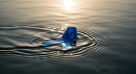 A blue ribbon floats on rippling dark water with sunlight reflecting in the background.
