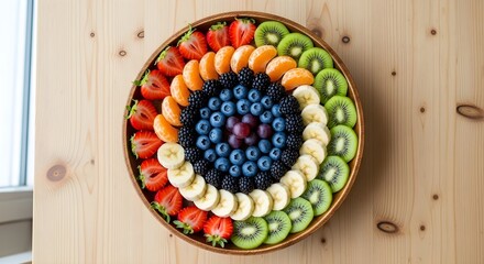A colorful fruit platter arranged in concentric circles on a wooden surface, featuring strawberries, mandarin segments, blackberries, blueberries, grapes, banana slices, and kiwi slices.