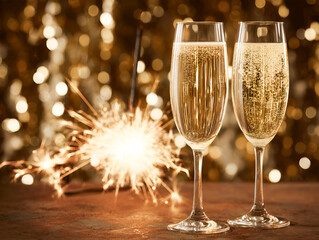 Sparkling champagne glasses with festive background and bokeh lights
