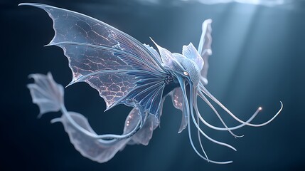 An ethereal deep-sea creature with shimmering iridescent fins drifts through bioluminescent waters, its elegant form illuminated by beams of sunlight piercing the oceana??s depths.