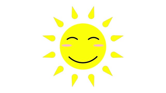 Loop of cute cartoon sun with happy smiling face on white screen chroma key background 2d animation 4k motion graphics video clip in bright colors. Seamless looped animated summer weather icon.