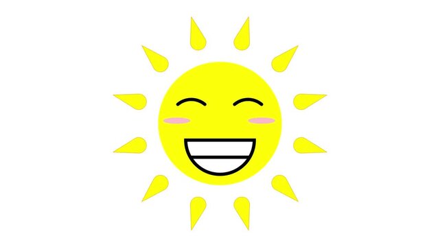 Loop of cute cartoon sun with happy smiling face on white screen chroma key background 2d animation 4k motion graphics video clip in bright colors. Seamless looped animated summer weather icon.