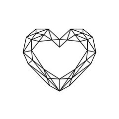 Geometric wireframe heart shape with light reflections isolated on a transparent background