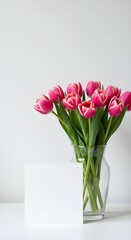 High Resolution Pink Tulips Bouquet in Glass Vase with Blank Card Mockup