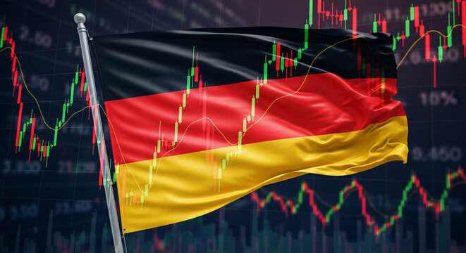 German flag waving in front of a stock market chart showing economic trends and financial analysis