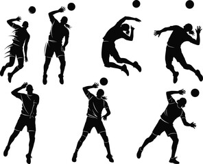Volleyball spike silhouette, dynamic athlete pose, black figure motion, mid-air hit, sport energy, offensive play, jump strike, game action