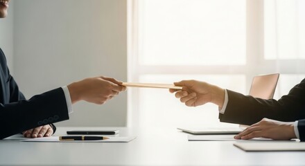 Business meeting with two caucasian adults exchanging document in office setting