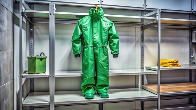 Green Chemical Resistant Suit on Shelving for Safety Measures