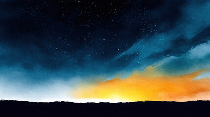 Fototapeta premium Moody Watercolor Illustration of a Soft Sky at Dusk with Stars and Cinematic Blue and Orange Gradient for Dreamy Backgrounds