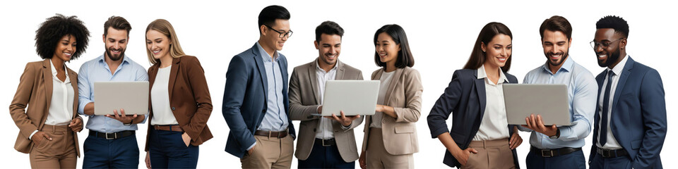 Fototapeta premium Group of young business people working together with laptop isolated on white or transparent background