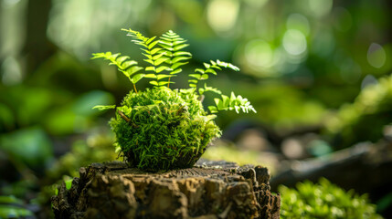 A tiny moss-covered sphere rests atop a weathered tree stump in a serene forest. From the vibrant green moss, a delicate sprout with tiny leaves emerges, bathed in soft, natural light.