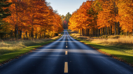 Fototapeta premium a beautiful road lined with trees in peak autumn colors, scenic drive through countryside