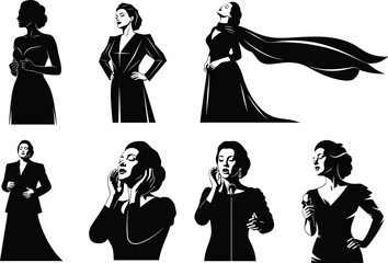 Opera singer silhouette, dramatic pose, vocal performance art, elegant costume, expressive gesture, black figure, stage presence, musical emotion, theatrical flair
