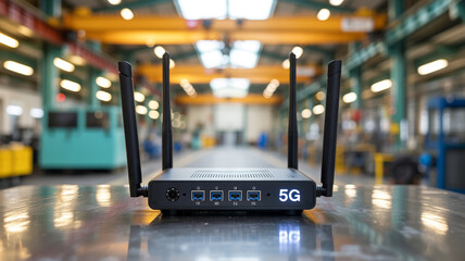 Close up of a black router with four antennas on a metal surface in a factory setting indoors