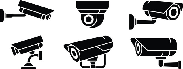 Surveillance camera icon set, security system vector, CCTV equipment illustration, black and white minimal design, monitoring technology, isolated clipart