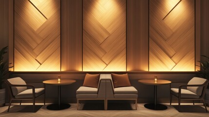 Warmly lit lounge with seating for two in front of a wood paneled wall