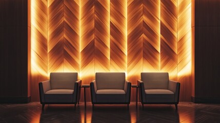 Three chairs in a room with illuminated wall for use as a waiting area