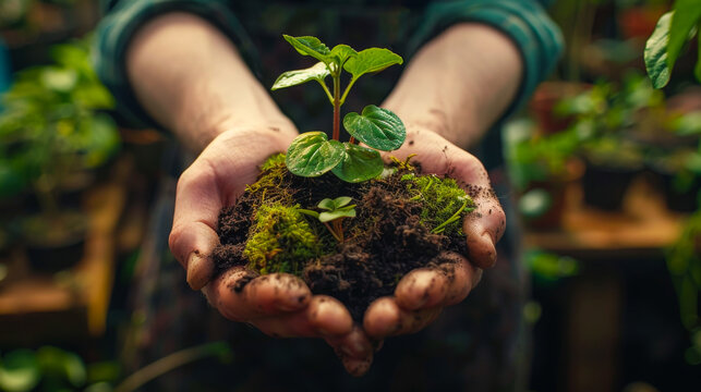 Hands Holding Soil and Young Plant in Garden Setting. Close-up of hands gently holding a small plant in rich soil and moss, symbolizing growth and care in a lush garden environment.