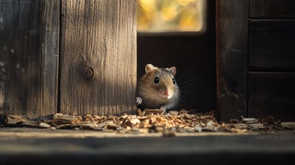 Rodent peering out from wooden structure. Leaves visible in the background. Possible nature shot