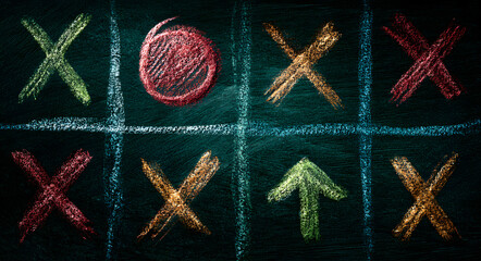 Seamless pattern of chalk drawn tictactoe game plays and strategy arrows on a dark green chalkboard background, representing tactics and planning