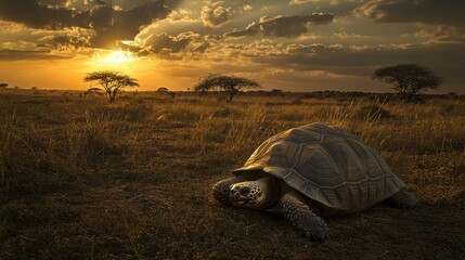 African Tortoise at Sunset in Savannah.  Possible use Stock photo for nature, wildlife, or travel
