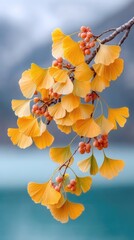 Macro photo of a vibrant yellow ginkgo branch with small orange berries and frost on a blurred cool blue background in winter