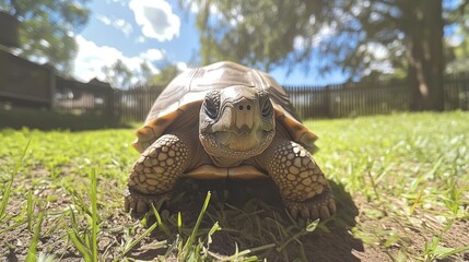 Tortoise in a grassy yard on a sunny day, outdoors. Possible use nature photography