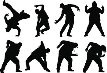 Hip hop dancer silhouette, breakdance pose, street dance energy, urban choreography, black figure motion, freestyle jump, expressive movement art