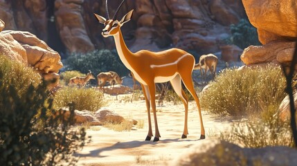 Gazelle stands in desert with others in background. Wildlife scene. Stock photo