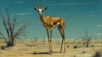 Antelope stands in a barren landscape under a blue sky, illustration for wildlife