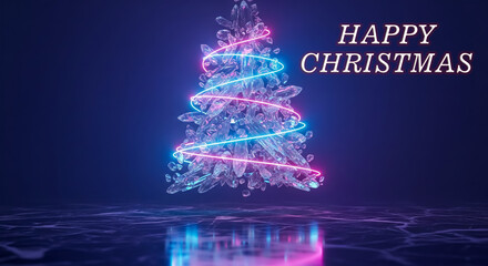 Futuristic Holographic Holiday Tree Made of Floating Crystal Shards with Neon Blue and Magenta Light Streams, Suspended Above Dark Reflective Marble Floor