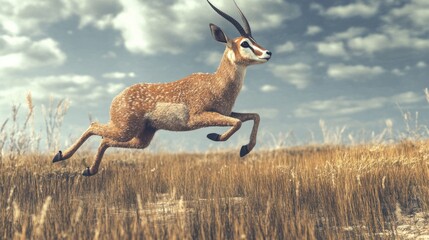 Antelope leaps over dry grass in open field with a cloudy sky, stock photo use