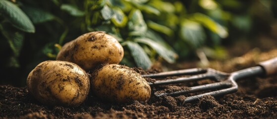 The potatoes fresh from garden lying on soil beside rustic fork in morning light