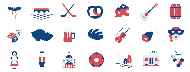 A set of icons dedicated to the Czech Republic in a flat minimalist style using national colors.
