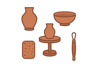 Collection of pottery tools and finished ceramic vessel icons