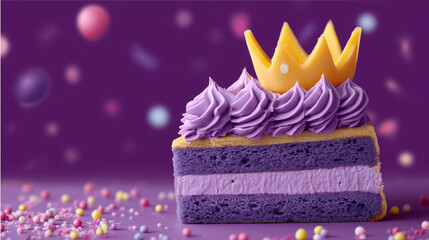 Purple royal cake slice with golden crown and whipped cream topping on festive background with colorful sprinkles symbolizing celebration birthday and sweet dessert concept
