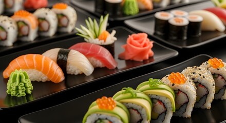 Close-up of sushi artfully arranged on black ceramic plates