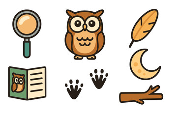 Charming owl and natural elements icon set for nocturnal theme