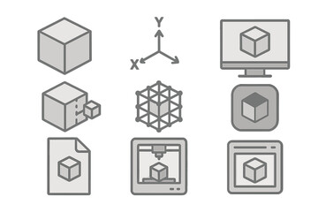 Monochromatic icons set for three dimensional modeling and additive manufacturing concepts