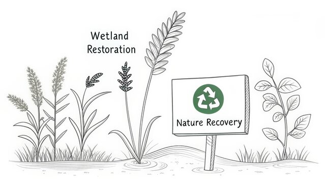 Minimal Wetland Plants with Recycle Symbol for Nature Recovery