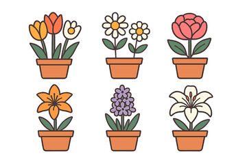 Six potted spring flowers in simple outline style for decoration