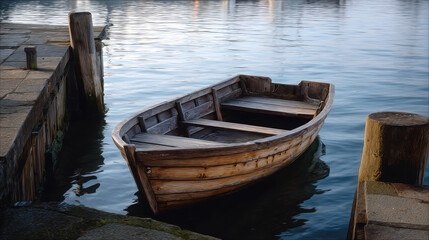 Old Wooden Boat Moored Near Pier in Early Morning Light Reflecting Calm Waters and Rustic Charm of Nature's Serenity