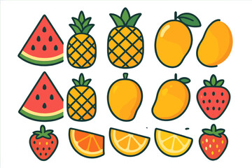 Cute tropical and citrus fruit icons featuring watermelon, pineapple, mango, and orange slices