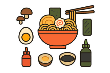 Japanese ramen noodle soup ingredients and condiments flat icon set