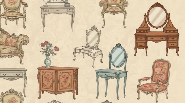 A pattern of ornate, hand-drawn furniture in a rococo style, with floral upholstery, mirrors, and a floral background