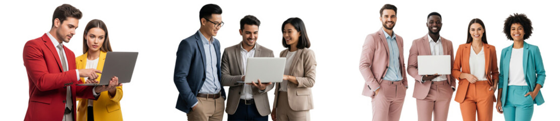 Fototapeta premium Group of young business people working together with laptop isolated on white or transparent background