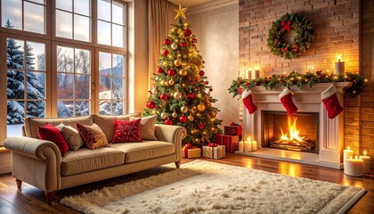 Bright and Cozy Christmas Living Room with Decorated Tree, Lit Fireplace and Snow Landscape View. 
