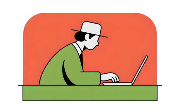 Man in hat working on laptop computer
